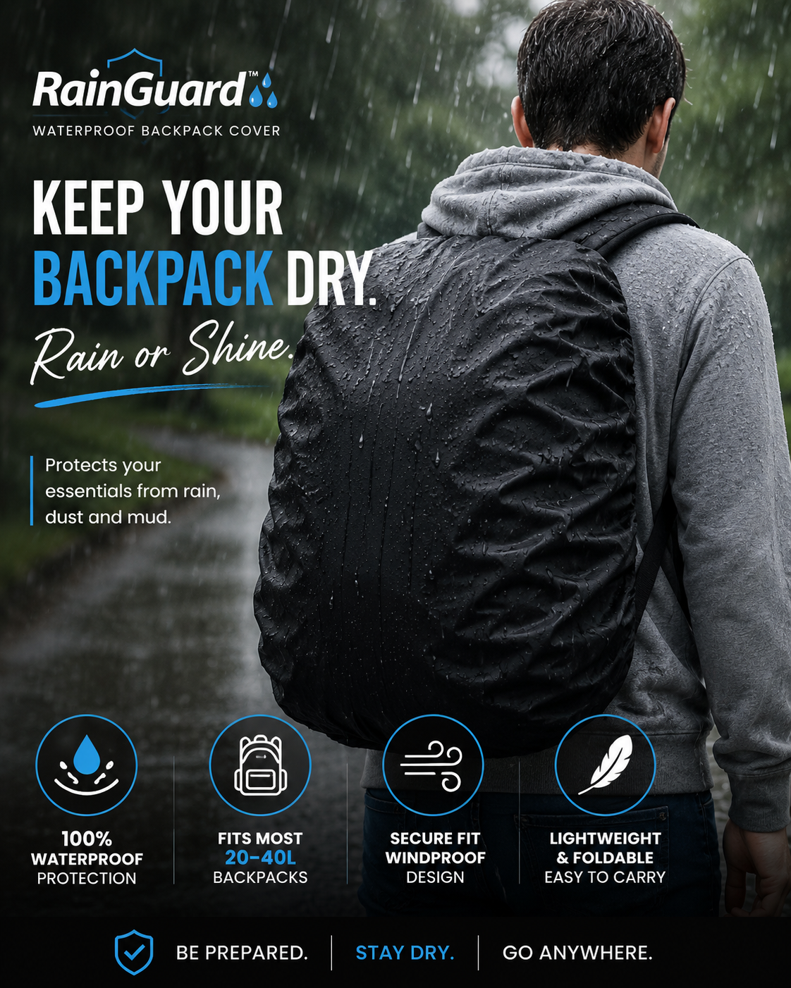 RainGuard™ Waterproof Backpack Rain Cover | Fits 20–40L Bags